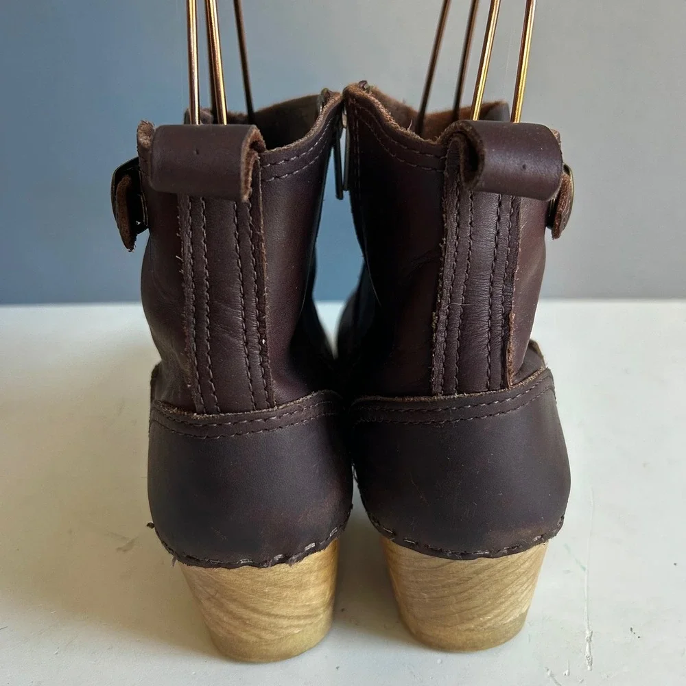 No 6 clog ankle boots size 8 / 38 brown Moto Leather Wood Heel Buckle Swedish - Picture 9 of 14